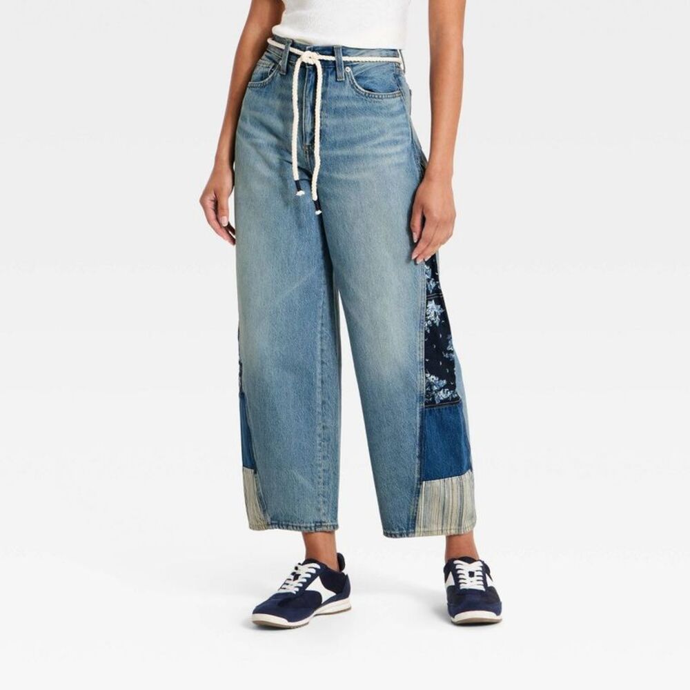 Women's High-Rise Easy Barrel Bandana Print Jeans - Medium Wash 4 Long